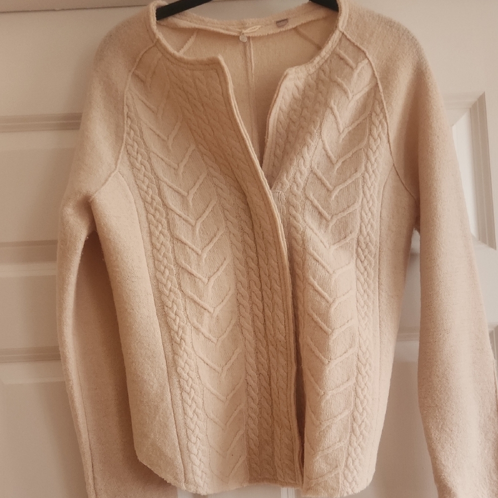 Anthropology -Wool Tan Cable Knit Women's Cardigan Sweater with Zipper - Med